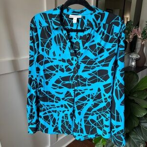 Dana Buchman Blue and Black Abstract Geometric Print Roll-Tab Sleeve Blouse
